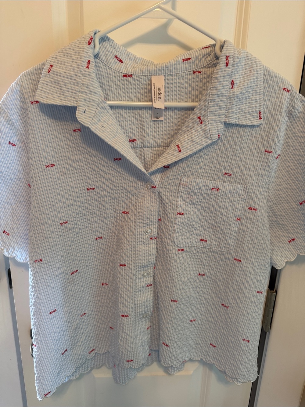 Auden Light Blue Short-Sleeve Button-Up with Red Fish Print Ladies Top Only